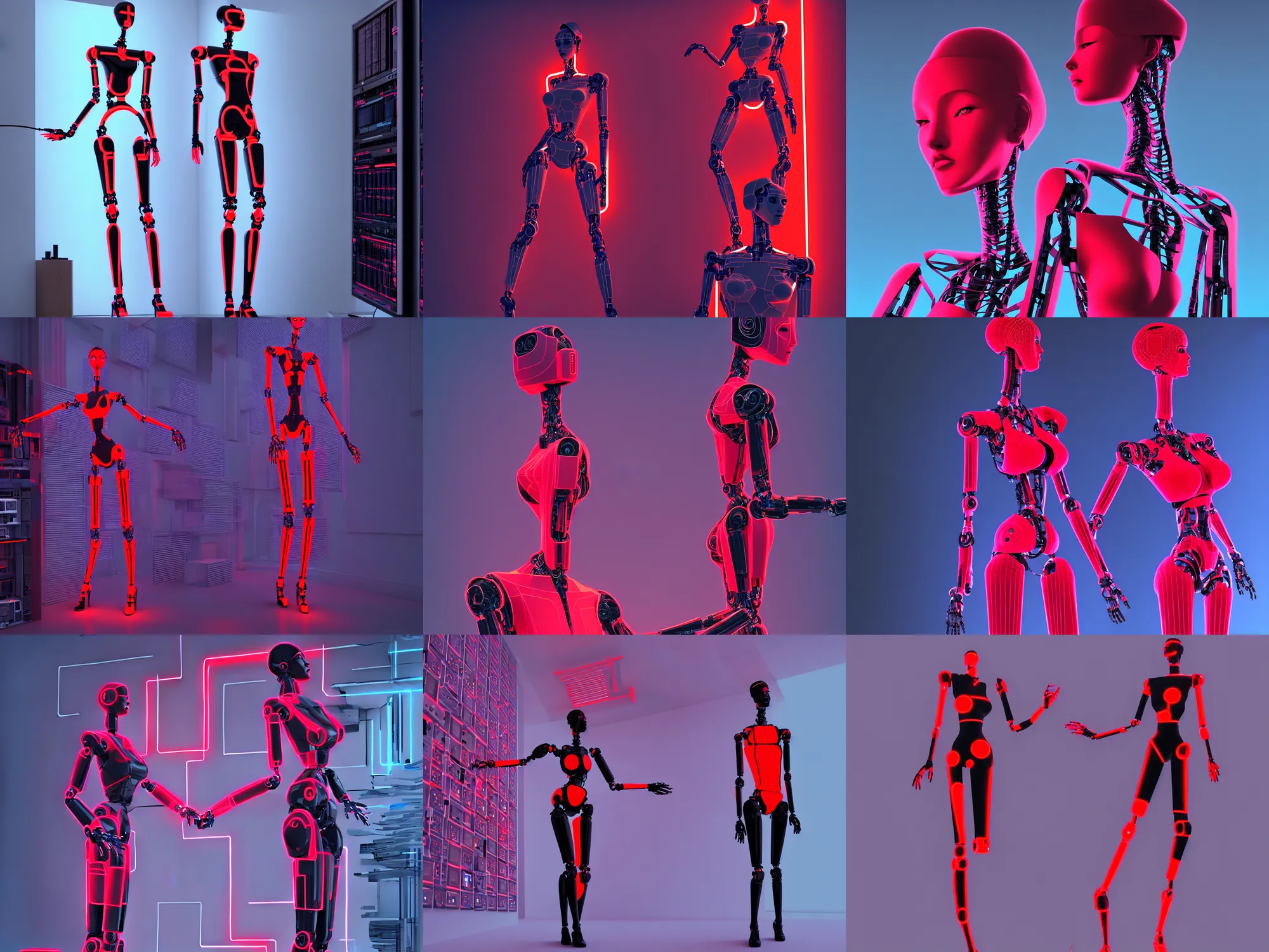 Image similar to beautiful tall female robot printed with red and black 3 d geometrical neon guarding a wall of computers!!!!!!!!!! + flowering vaporwave orchids!!!, transcendent, clean linework, dramatic, finely detailed, 4 k, trending on artstation, photorealistic, award winning, rule of thirds, volumetric lighting, octane render