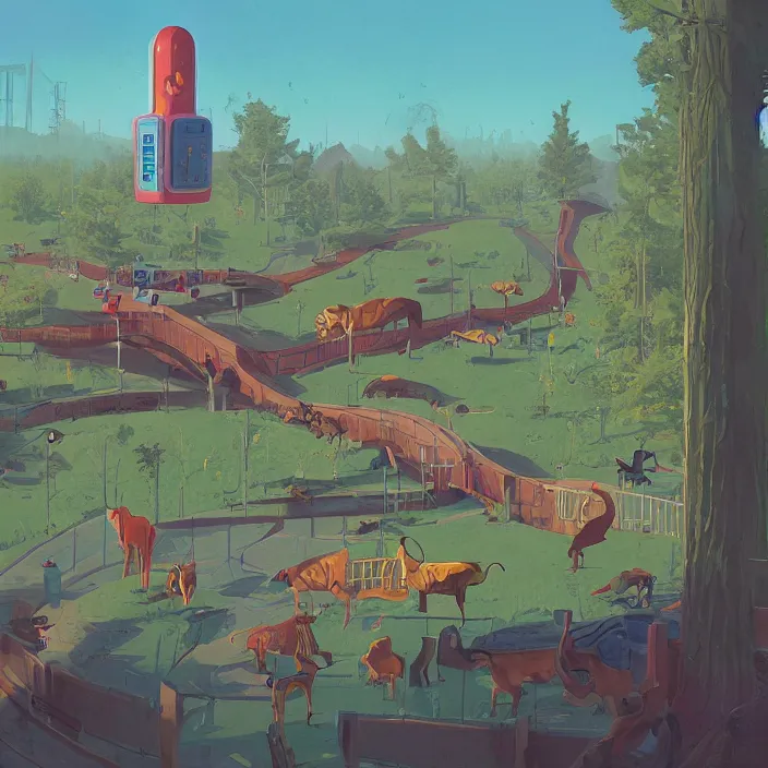 Prompt: a beautiful day at the zoo, by simon stalenhag