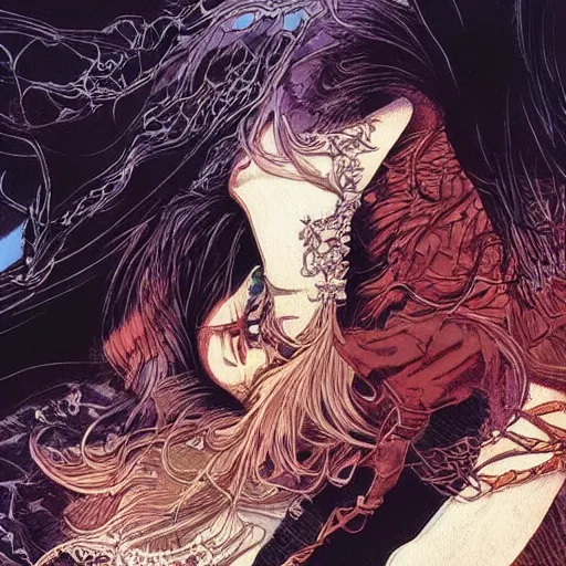 Image similar to closeup of vampire kiss, by yoichi hatakenaka, masamune shirow, josan gonzales and dan mumford, ayami kojima, takato yamamoto, karol bak