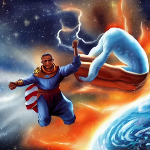 Image similar to obama fighting god in space