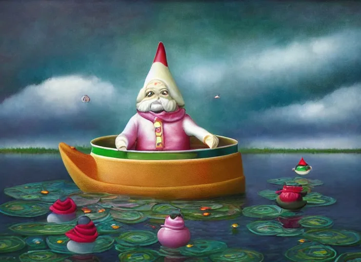 Image similar to a garden gnome sailing in a teacup, whimsical background of a reflective pond on a sunny day with dramatic clouds, an ultrafine detailed painting by mark ryden, trending on deviantart, pop surrealism, whimsical, lowbrow, joyous, perfect cute face