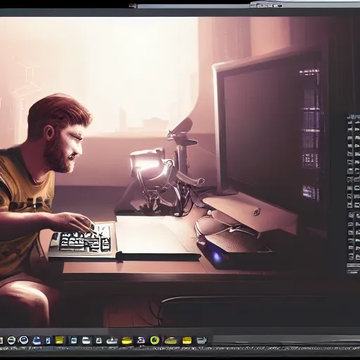 Image similar to realistic man using pc in gaming room, artstation trends, sci fi concept art, highly detailed, intricate, sharp focus, digital art, 8 k