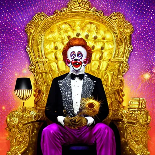 Prompt: shining giant throne made of millions of diamonds, gold and sapphires with thousands of light reflections, and a clown on a tuxedo suit is sitting on the throne while handing a golden balloon, dramatic light, digital painting, ultradetailed, artstation, oil painting