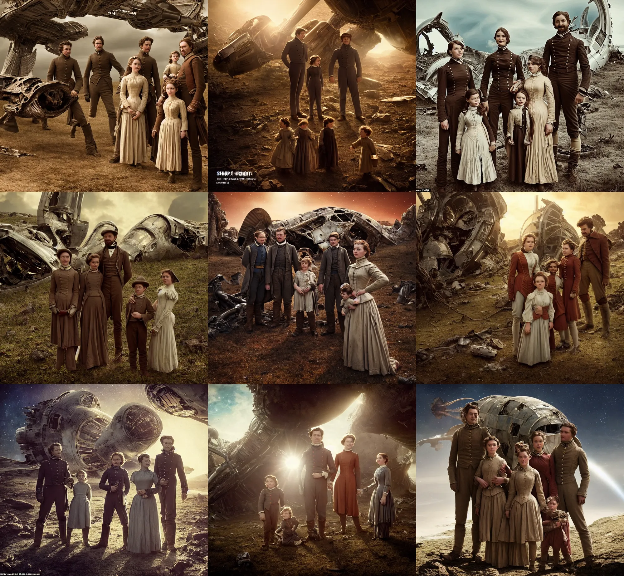 Prompt: sharp, highly detailed, film from a blockbuster sci fi 8 k color movie, set in 1 8 6 0, family standing in front of a crashed spaceship, on a alien planet, looking happy, wearing 1 8 5 0 s era clothes, atmospheric lighting, in focus, 3 5 mm macro lens, live action, nice composition, good photography, crystal clear facial details