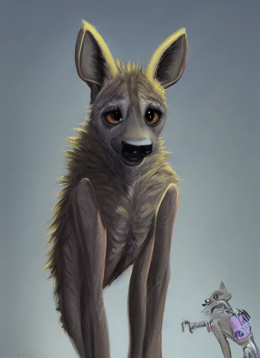 Image similar to oil painting detailed full body of anthromorphic female hyena, in style of zootopia, zootopia, zootopia, fursona, furry, furaffinity, 4 k, deviantart, furry art, fursona art, wearing black business suit, business suit, in style of zootopia, hyena fursona, cyberpunk, female, expressive, detailed feminine face,