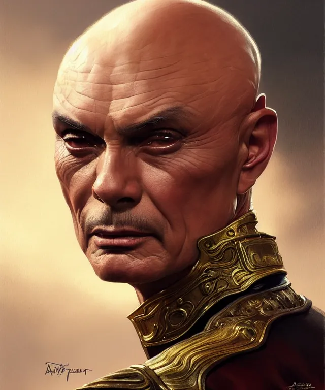 Image similar to Yul Brynner as an angry bald general, portrait, intricate, elegant, highly detailed, digital painting, artstation, concept art, smooth, sharp focus, illustration, art by artgerm and greg rutkowski and alphonse mucha