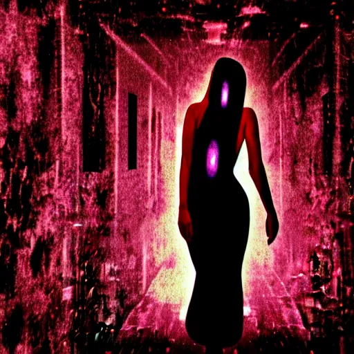 Image similar to a woman whos body is static losing frequency phasing out, dark eerie photo taken by digital hollywood, bleeding rich decaying colors!