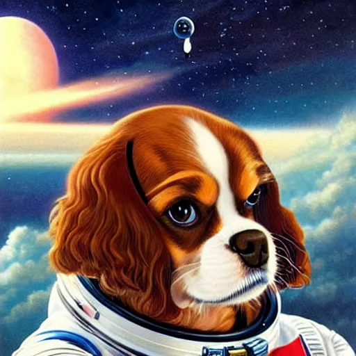 Prompt: cavalier king charles spaniel, wearing an cosmonaut helmet, russian cosmonaut, on the moon, art by artgerm and david a hardy