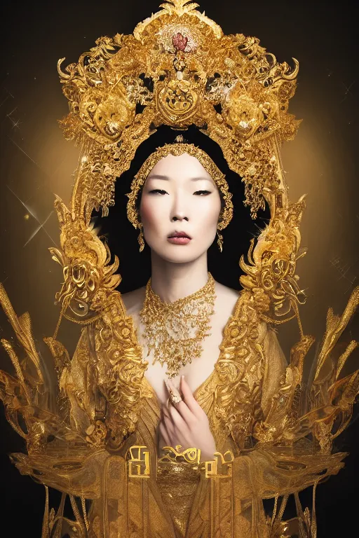 Prompt: a beautiful empress portrait, with a brilliant, impossible striking shiny big gold headpiece, reflective surface, gold clothes, rococo, baroque, jewels, asian, realistic, studio lighting, closeup, D&D, fantasy, intricate, elegant, highly detailed, digital painting, artstation, octane render, 8k, concept art, matte, sharp focus, illustration, art by Artgerm and Greg Rutkowski and Alphonse Mucha