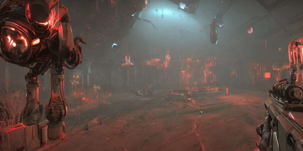 Image similar to still frame from the video game half life 3 set in a bright futuristic cybertronic creepy alien landscape, award - winning, stunningly realistic, volumetric lighting, coherent, no artifacts, cinematic, atmospheric, studio quality