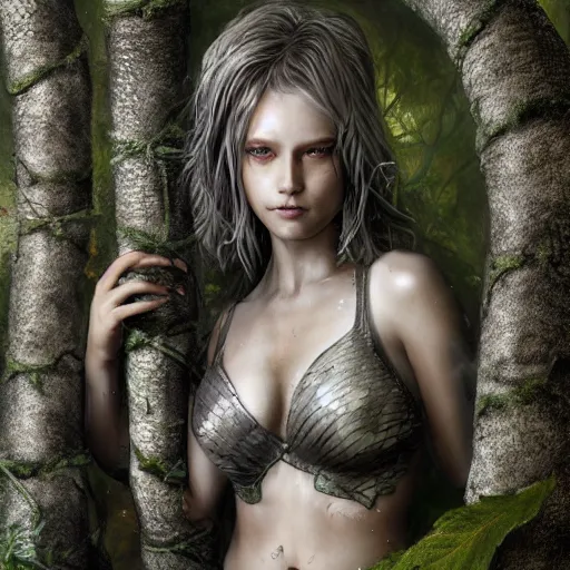 Image similar to high definition charcoal watercolor fantasy character art, beautiful female, hyper realistic, hyperrealism, luminous water elemental, snake skin armor forest dryad, woody foliage, 8 k dop dof hdr fantasy character art, by aleski briclot and alexander'hollllow'fedosav and laura zalenga