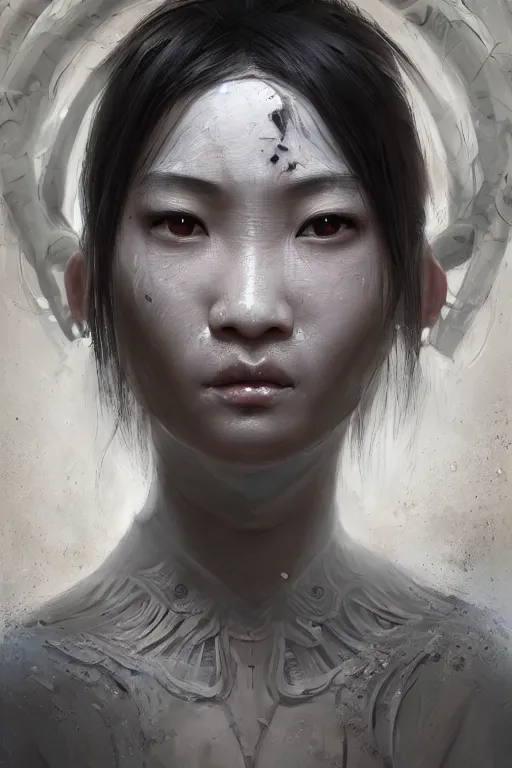 Prompt: Art station concept of Asian woman, fair skin, big eyes, long black hair, no bangs, wearing sculpted textured armor, closes her eye, battle damage, intricate complexity, close-up of the front of the face, resolute expression, back lighting, 4K resolution, symmetric, clear facial features, by Ruan Jia and Mandy Jurgens and William-Adolphe Bouguereau, Karol Bak, smooth, sharp focus, rich deep colors, Unreal Engine 5, digital render, intricate, ultra realistic, concept art,