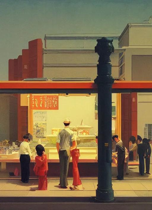 Prompt: crowd around ice cream cart in Tokyo Edward Hopper and James Gilleard, Zdzislaw Beksinski highly detailed