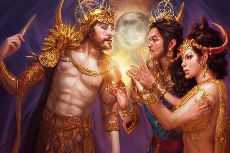 Image similar to close up moment of a divine a sun god and a moon goddess lovers magician at a wedding banquet, highly detailed, d & d, fantasy, highly detailed, digital painting, trending on artstation, concept art, sharp focus, illustration, art by artgerm and daniel gerhartz and magali villeneuve