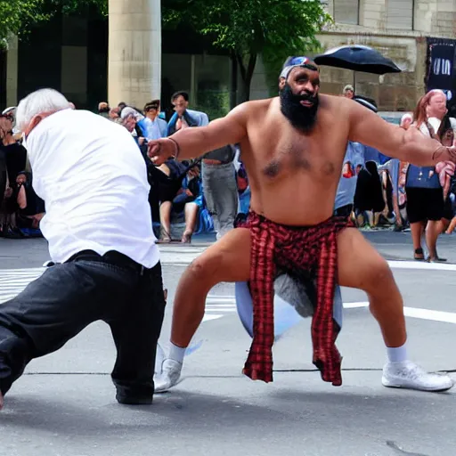 Prompt: mr. t street performer body slamming old man, detailed facial expressions