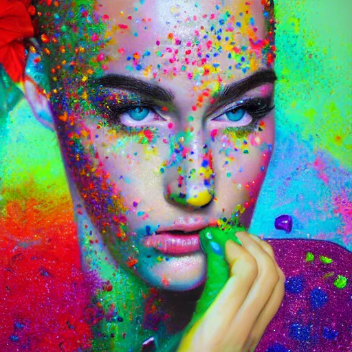 Image similar to hyperrealism oil painting, fashion model portrait, covered in colorful sprinkles