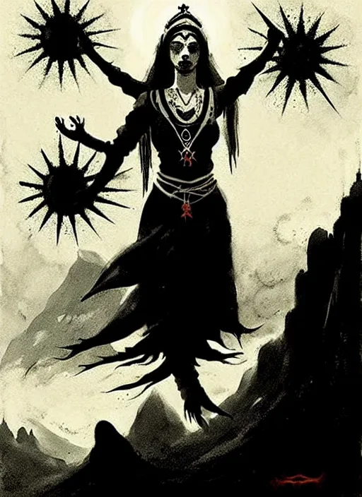 Image similar to marana slavic goddess with six arms in traditional slavic clothes : by anato finnstark kvlt by peder balke by peder balke by greg rutkowski, by guido crepax by norman bluhm mystic high contrast monochromatic noir