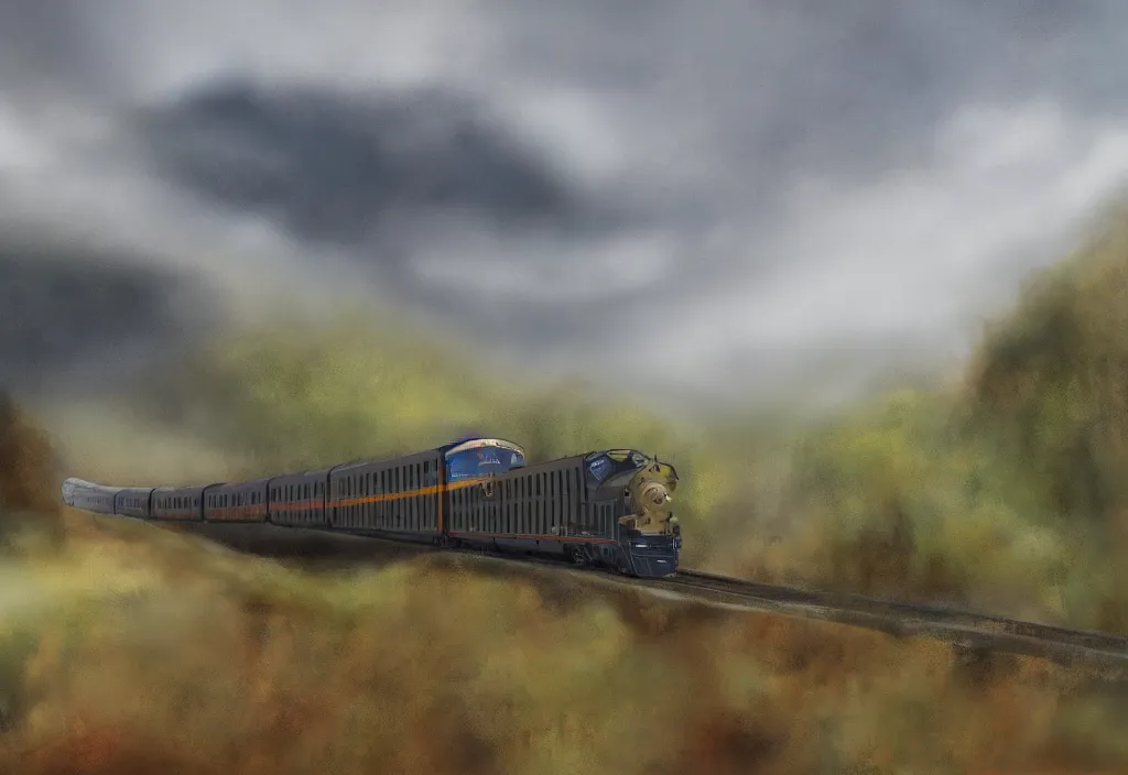 Prompt: a digital painting of a train in the mountains and there is fog in the distance aproaching