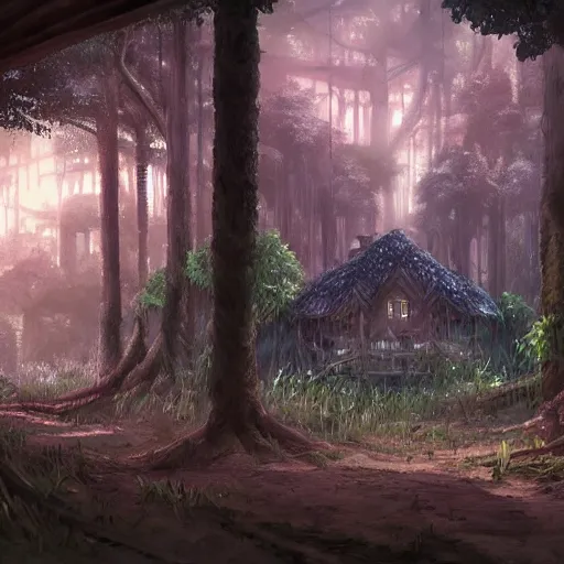 Image similar to concept art painting of a forest with treehouses made of trees and roots, doors and windows inside trees, vines, deep forest, realistic, detailed, cel shaded, in the style of makoto shinkai and greg rutkowski and james gurney