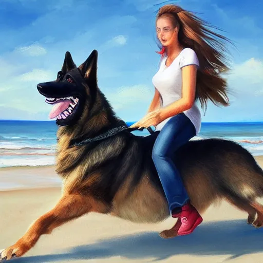 Image similar to girl riding a giant German shepherd at the beach, trending on artstation