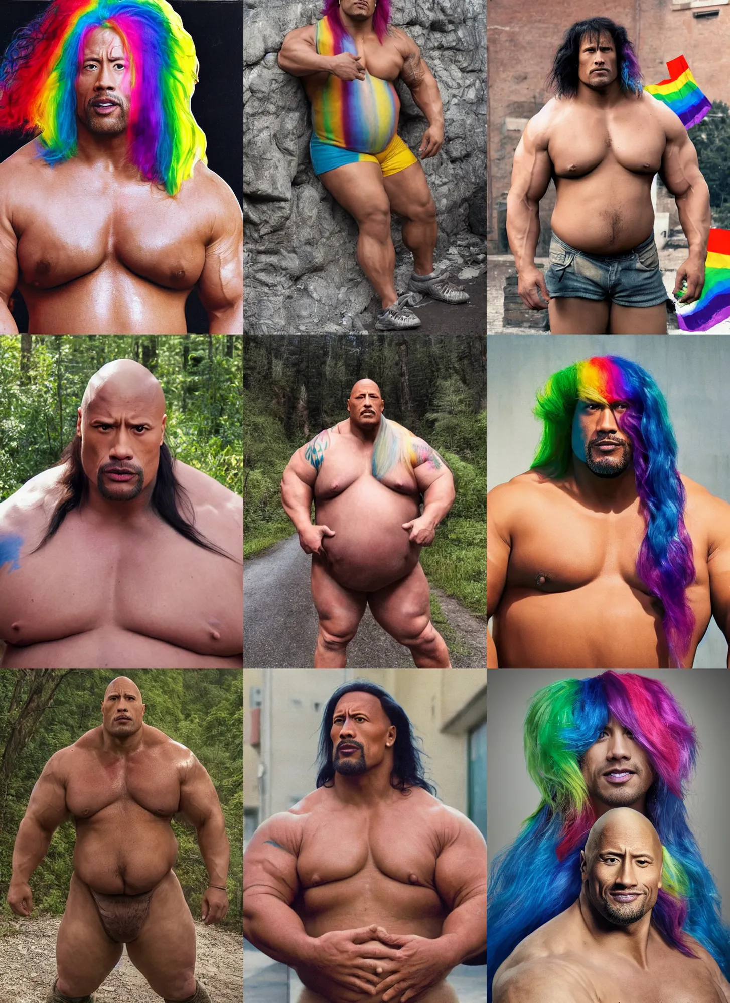 Prompt: obese dwayne johnson long haired rainbow colored hair lgbt rainbow haired obese dirty trans wearing diapers, looking at the camera, medium shot, fat belly, trip to legnica, very realistic film still, natural