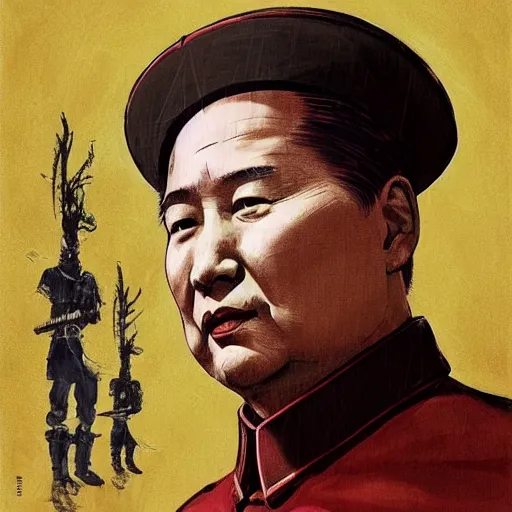 Prompt: mao zedong as epic lord unifier of red china, colourised, face portrait, epic, military art, fantasy, dieselpunk, hd shot, digital portrait, beautiful, artstation, comic style, by artgerm, guy denning, jakub rozalski, magali villeneuve and charlie bowater