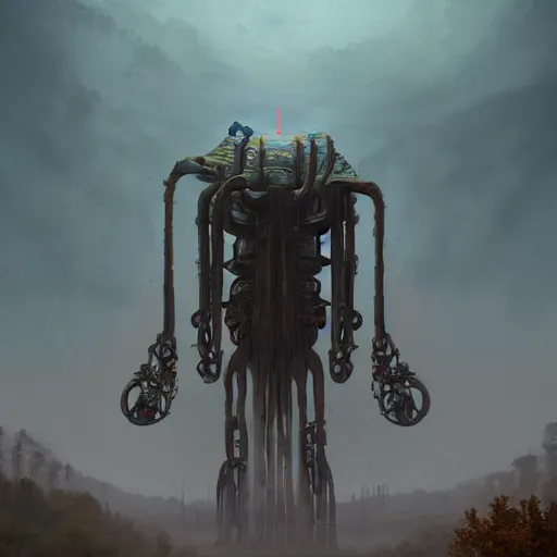 Image similar to a digital painting of a gigantic big enormous humanoid monster standing in the sky, concept art by simon stalenhag and peter mohrbacher cgsociety, vanitas, ominous, lovecraftian, speedpainting, apocalypse art. mist. unreal engine. hyper - realistic. photo realistic. octane render. detailed masterpiece. extreme wide shot. dutch tilt