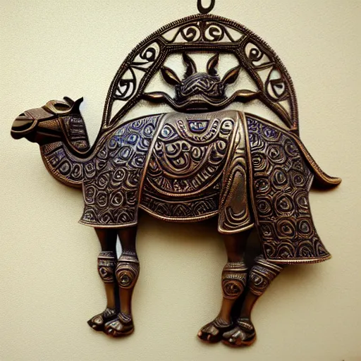 Prompt: gorgeous ornated bronze realistic detailed sacred camel wall decoration with filigree, arabic