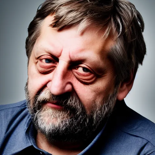 Prompt: Detailed portrait of Slavoj Zizek, 8k, realistic, 50mm photograph