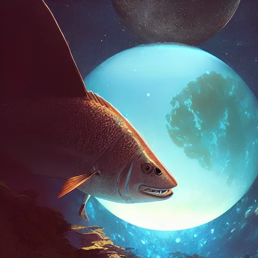 Image similar to a sphere aquarium full of fish inside it. the aquarium is floating in space, in the size of a planet. the moon is in the background. illustration, digital art, realistic, pixar style, by greg rutkowski and ash thorp, vivid colors, detailed, trending on artstation, high quality, cinematic, rule of thirds