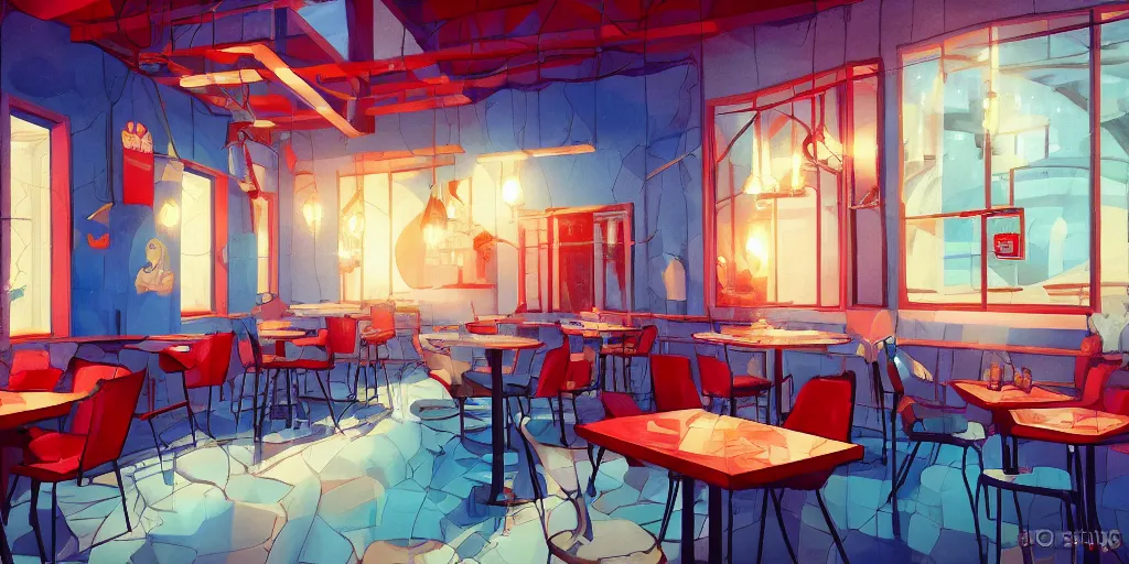 Image similar to cafe interior, blue and red tones, fantasy art, 2 d game art