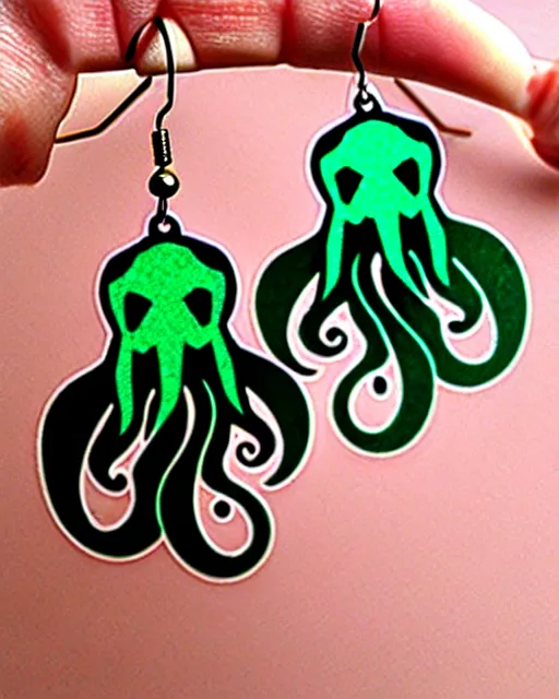 Prompt: tim burton cthulhu, 2 d lasercut earrings,