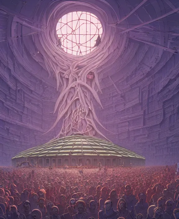 Image similar to an elegant, simple building made of viscera and body parts, crowds of people, by dan mumford, yusuke murata, makoto shinkai, ross tran, cosmic, heavenly, god rays, intricate detail, cinematic, unreal engine, cel shaded, featured on artstation, pixiv