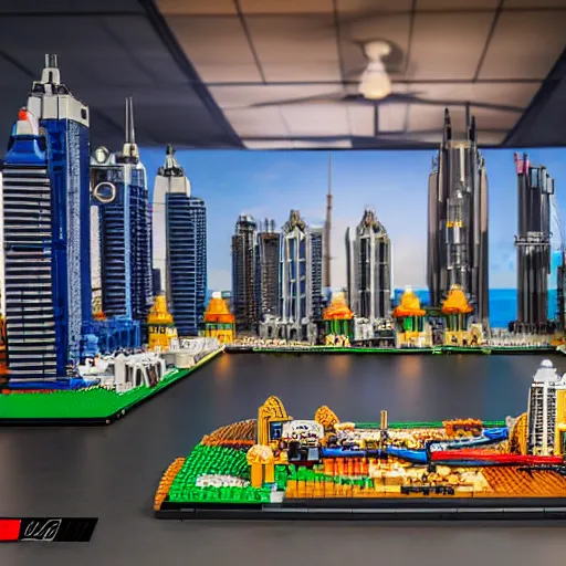 Prompt: detailed lego build of dubai on garage table, professional photo, professional lighting, HDR