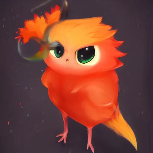 Image similar to cute fiery bird wearing a witch\'s hat. kawaii, adorable, digital art, trending on artstation, fiery bird, anime art by Aokamei and Ross Tran