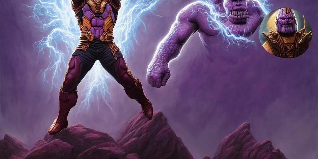 Image similar to south american thanos, as a matte oil painting and d & d character art, by alex grey, standing, fullbody, casting a magic spell, fog, concept art, award - winning, extremely detailed, sharp focus