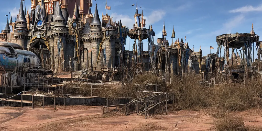 Image similar to post - apocalyptic magic kingdom, wasteland, barren, monorail, abandoned, walt disney world, highly detailed, intricate, 8 k