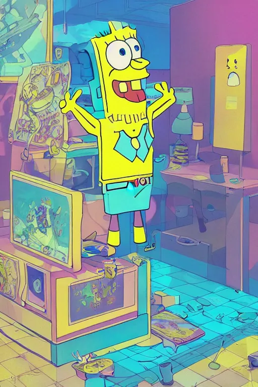 Image similar to concept art painting of alternate reality spongebob, artgerm, moebius, inio asano, toon shading, cel shading, calm, tranquil, vaporwave colors,