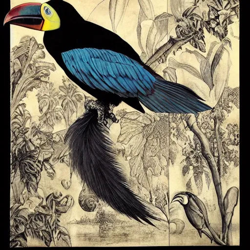 Prompt: dark intricate 1975 land fractal toucan ophanim basin marsanne , by Albrecht Durer and Ernst Max and Robert Rauschenberg , National Geographic photo , trending on artstation , DC Comics