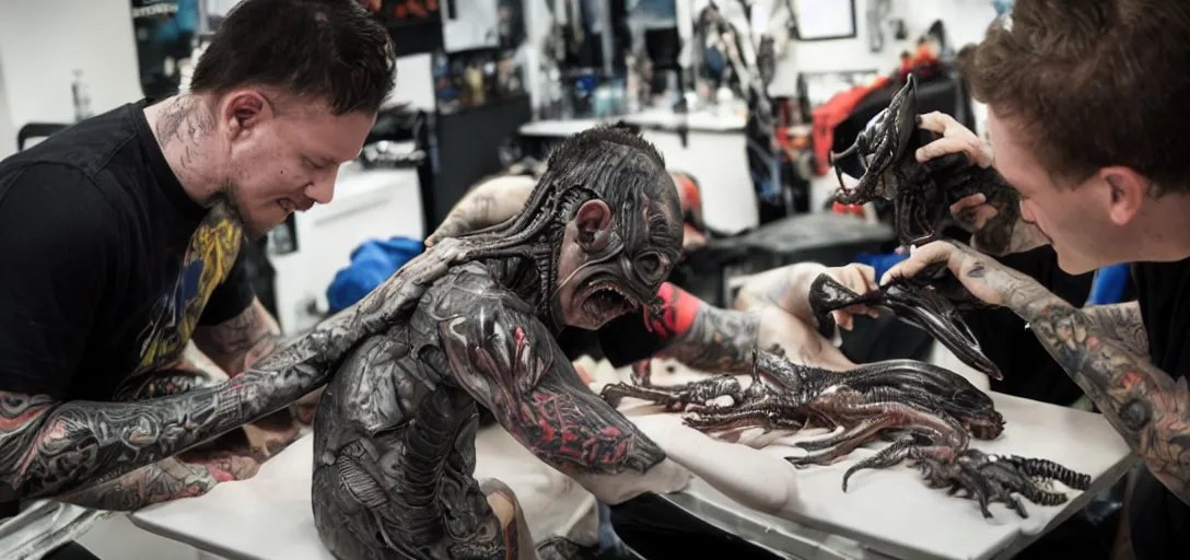 Prompt: Xenomorph XX121 getting a tattoo from Gary Woods in New Plymouth. james gurney, james jean, greg rutkowski, anato finnstark. hyper detailed, 50mm, cinematic indoor lighting volumetric