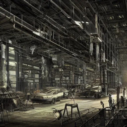 Image similar to immense industrial building interior filled with dark machines of skin bone and wires and arcane devices, hyperdetailed, matte painting