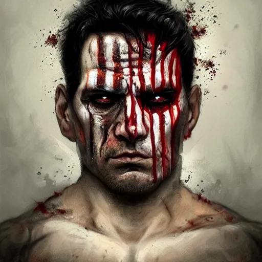 Prompt: portrait of frank castle the punisher, bloody nose, face paint, intricate, elegant, highly detailed, centered, digital painting, artstation, concept art, smooth, sharp focus, illustration, artgerm, tomasz alen kopera, peter mohrbacher