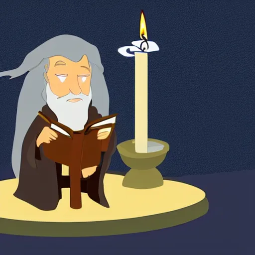 Image similar to Gandalf reading a tome by candle light in the style of JM Animation