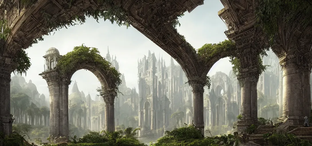 Image similar to gigantic palace, arches adorned pillars, towers, archways, gnarly trees, lush vegetation, forrest, landscape, raphael lacoste, eddie mendoza, alex ross, concept art, matte painting, highly detailed, rule of thirds, dynamic lighting, cinematic, detailed, denoised, centerd