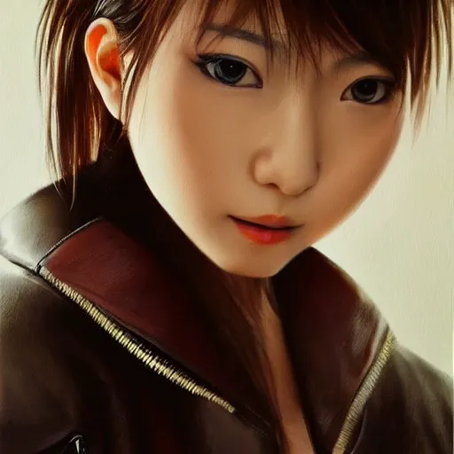 Image similar to perfect, realistic oil painting of close-up japanese young woman wearing leather jacket, in Final Fantasy