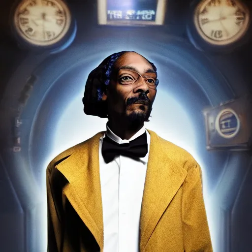 Image similar to snoop dogg as a man in a dark blue trenchcoat as the new doctor who, cinematic, volumetric lighting, f 8 aperture, cinematic eastman 5 3 8 4 film, photorealistic