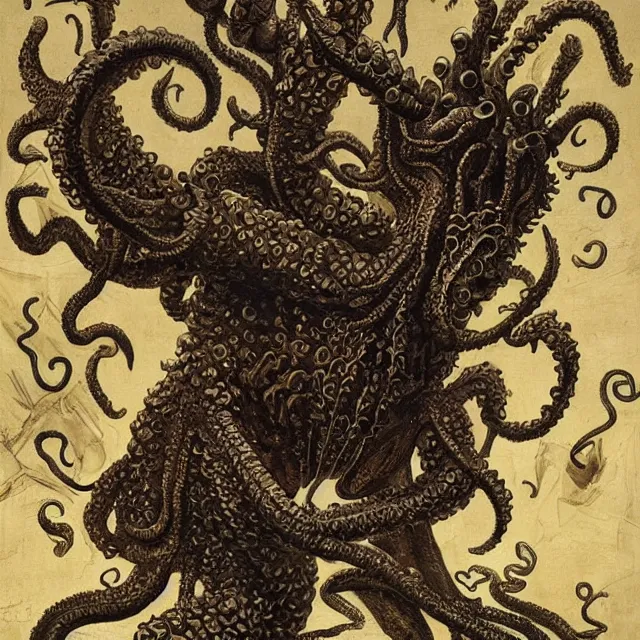 Image similar to a cthulhu monster, flemish baroque painting by jan van kessel the younger, black background, intricate high detail masterpiece