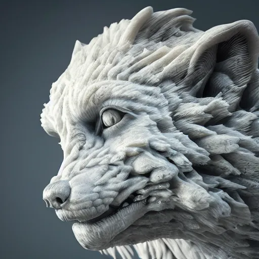 Prompt: a delicate marble sculpture dramatic portrait of a werewolf covered with water veil, highly detailed marble cloth, gi, global illumination, physically based rendering, photorealistic, top light, dark background