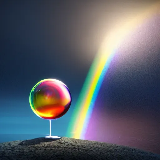 Image similar to crystal ball floating in rainbow space, realistic artstyle, wide shot, dramatic lighting, octane render, hyperrealistic, high quality, highly detailed, HD, beautiful, cinematic, 8k, unreal engine, facial accuracy, symmetrical