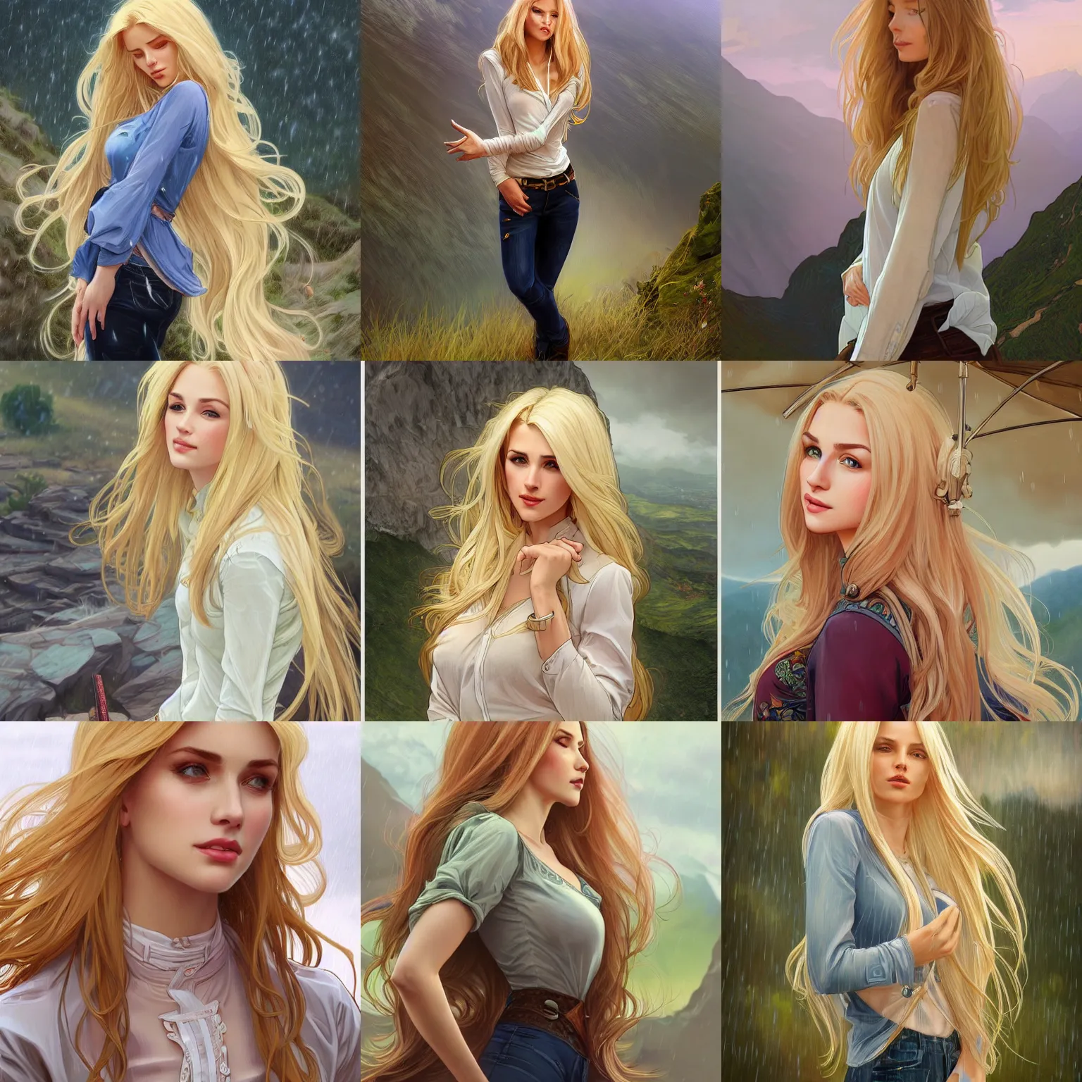 Prompt: a gorgeous woman with long light-blonde hair wearing a blouse and jeans, standing in the rain on top of a mountain, highly detailed, digital painting, artstation, concept art, sharp focus, illustration, art by artgerm and alphonse mucha